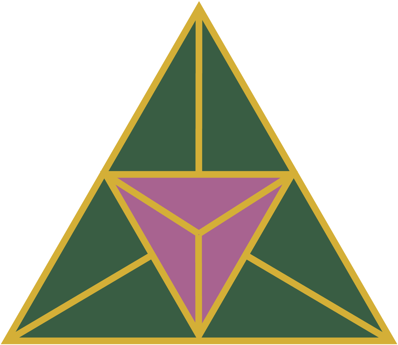 Logo of two golden triangles interlocked with the outer shapes in dark green and a core of dark lavender